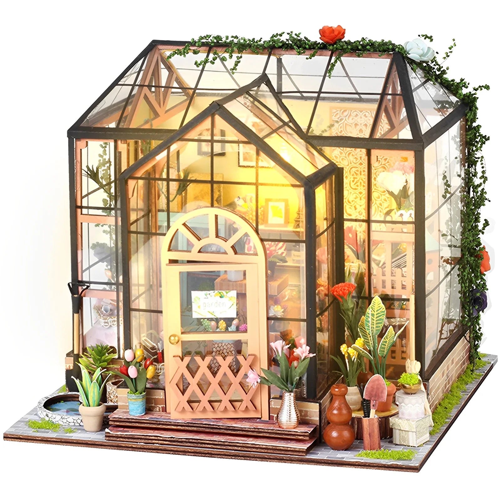 Kit de Casa de Boneca em Miniatura DIY 3D Jardim com Luz LED