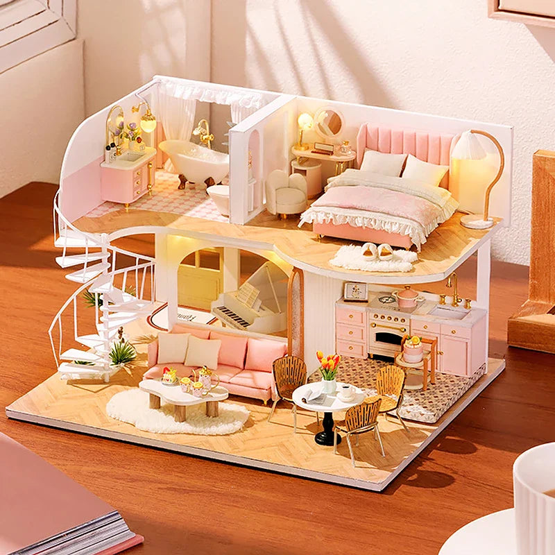 Apartamento Duplex Feito à Mão em Miniatura de Madeira 3D com Móveis