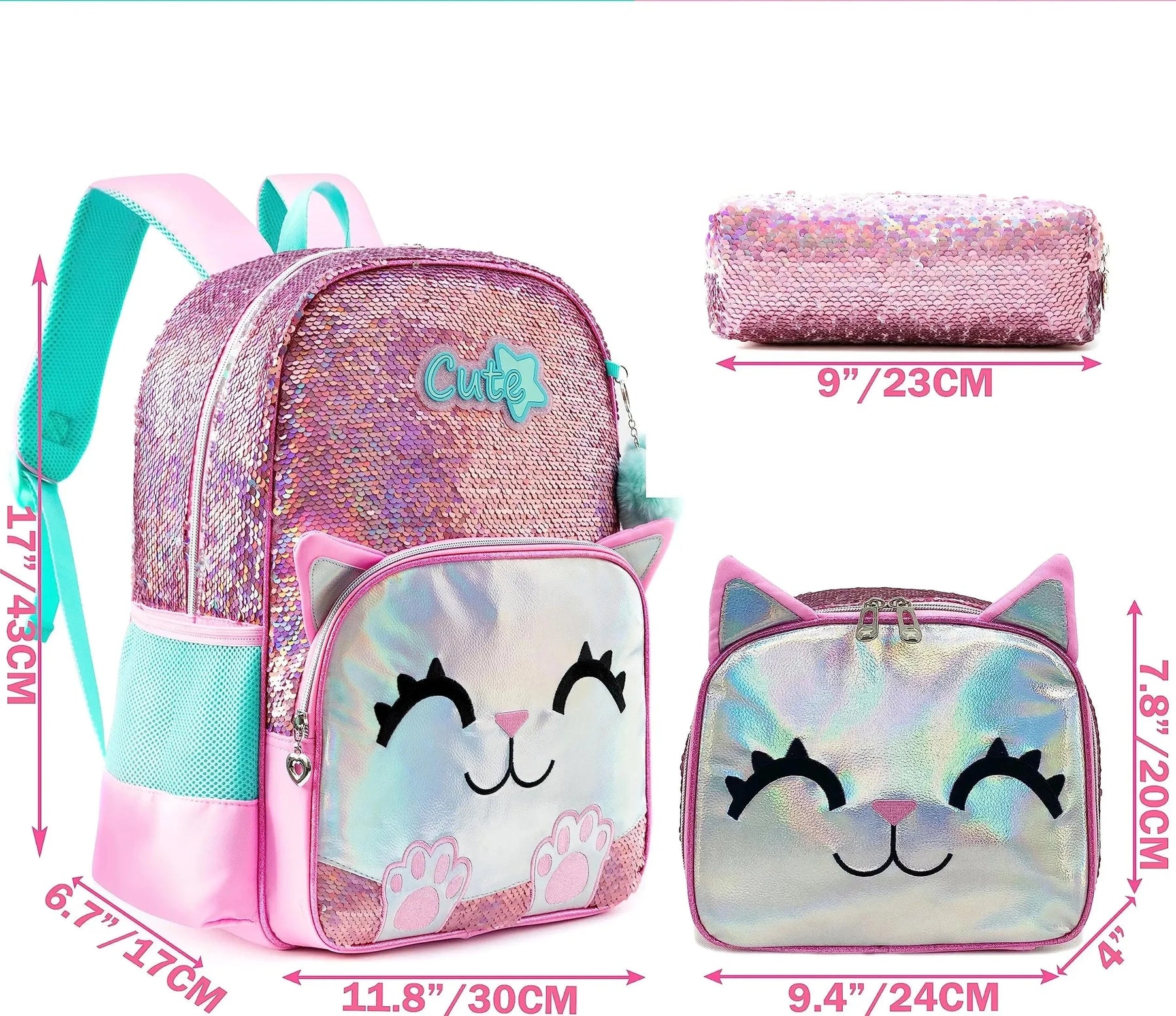 Kit 3 Peças Escolar Meetbelifey com Lantejoulas - Mochila + Bolsa + Estojo