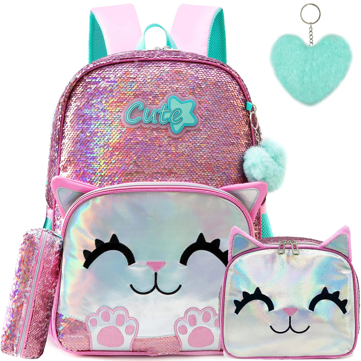 Kit 3 Peças Escolar Meetbelifey com Lantejoulas - Mochila + Bolsa + Estojo