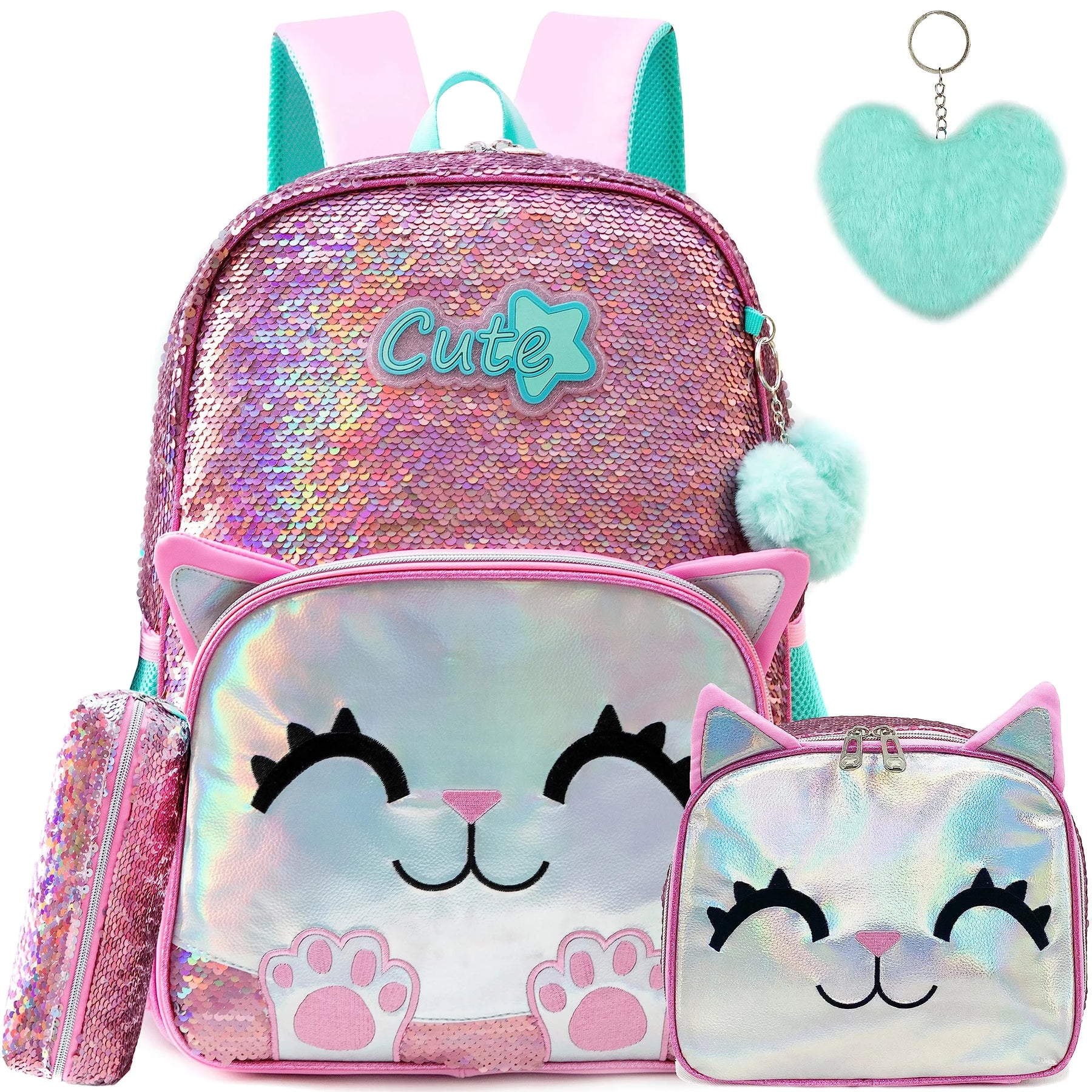 Kit 3 Peças Escolar Meetbelifey com Lantejoulas - Mochila + Bolsa + Estojo