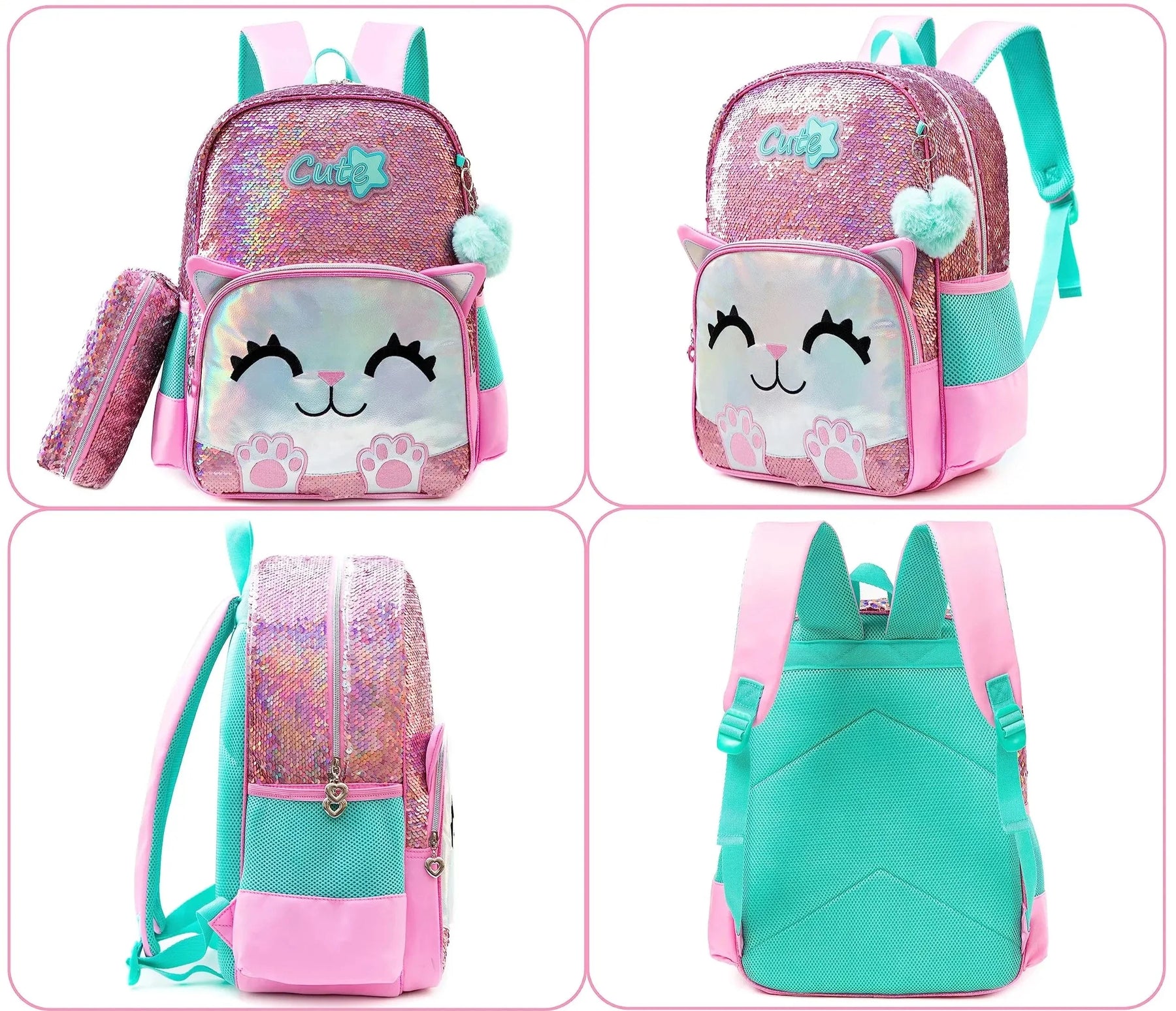 Kit 3 Peças Escolar Meetbelifey com Lantejoulas - Mochila + Bolsa + Estojo